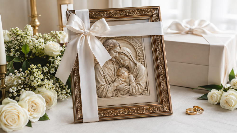 A religious gift for newlyweds with a picture and family symbols