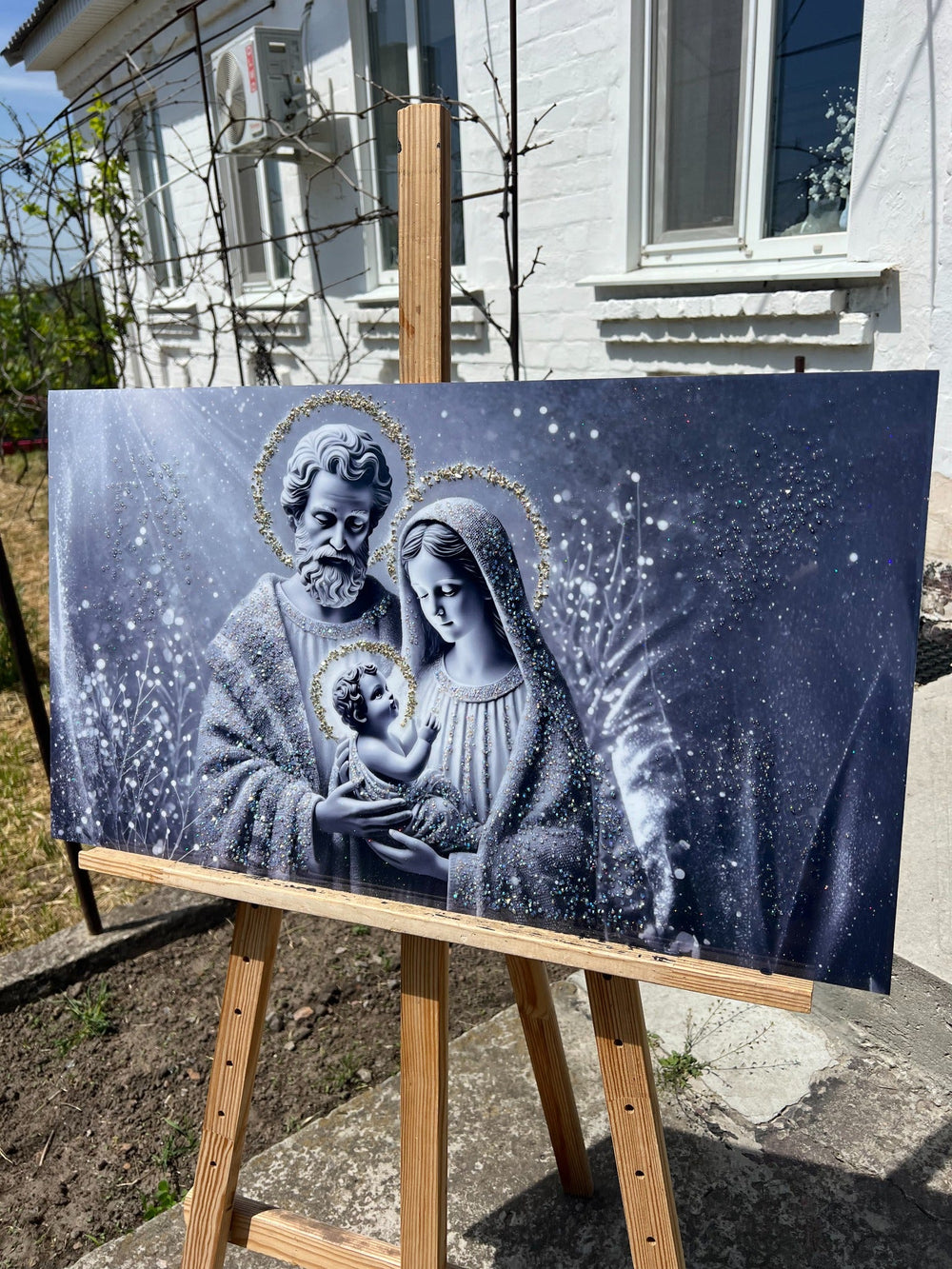 Silver-toned religious artwork with a prayerful composition by CrystalPrintArt