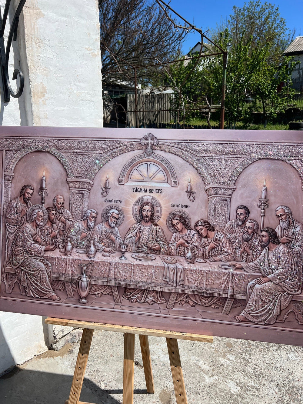 Last Supper relief composition finished with resin and crystals by CrystalPrintArt