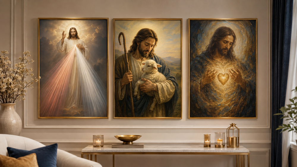 Several Christian images of Jesus with different symbols