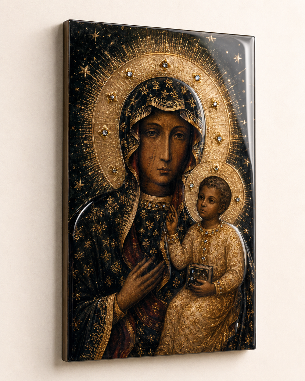 Glossy surface of epoxy painting with crystal decoration