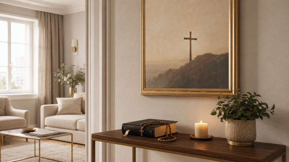 Eine Gebetsecke mit einem religiösen Bild, einer Bibel und sanftem Licht