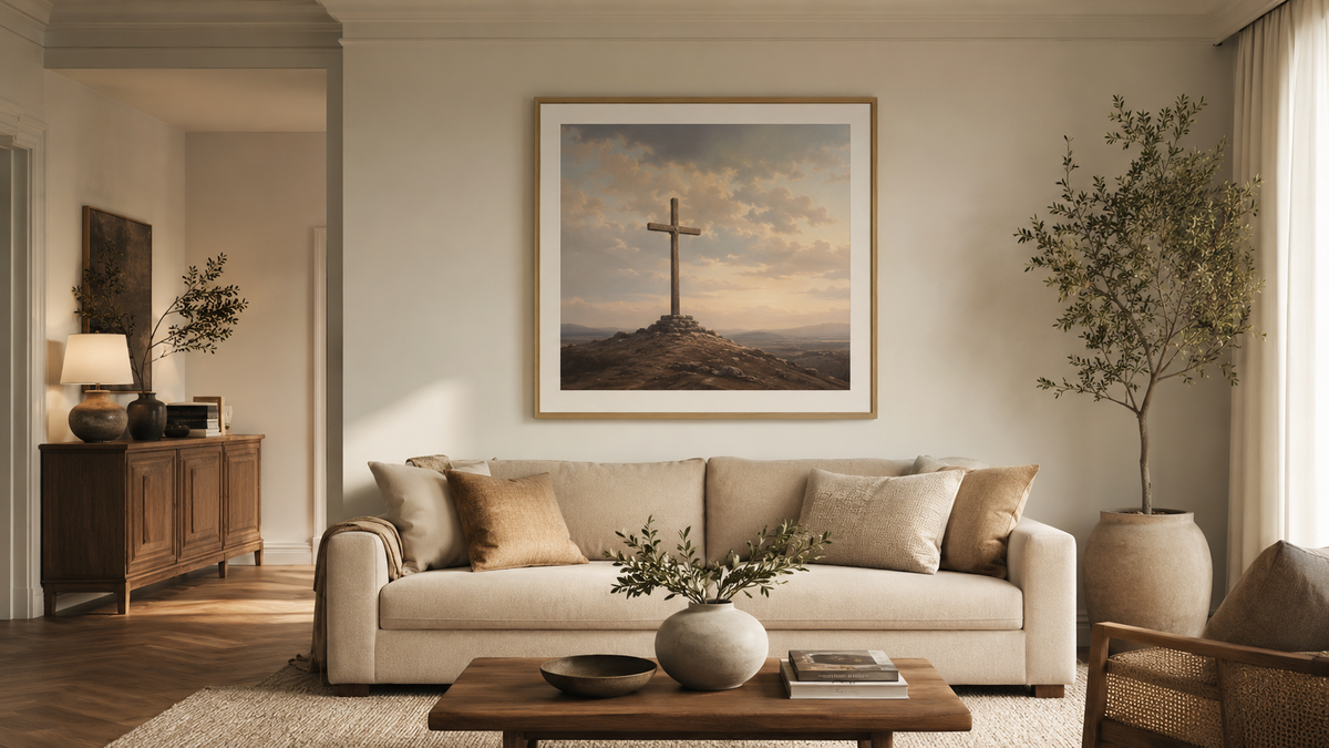 An example of a proportional placement of a picture above a sofa