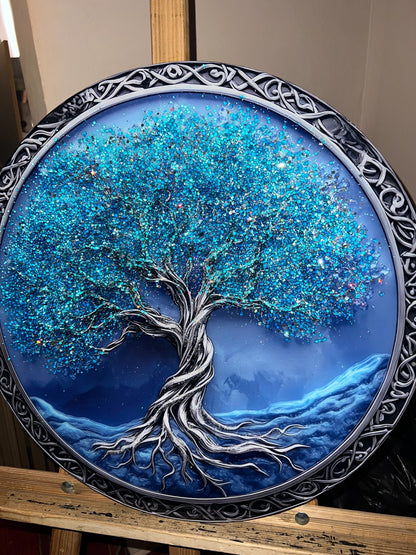 Round panel CrystalPrintArt with a blue crystal tree in a decorative frame