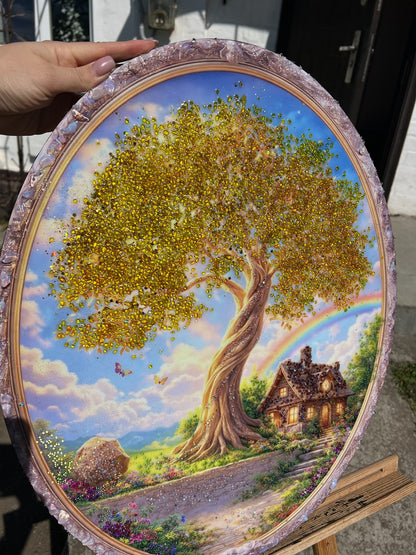 Oval panel CrystalPrintArt with golden tree, house and rainbow