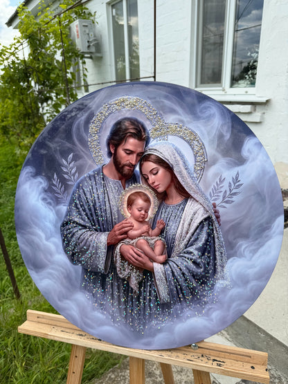 Holy Family - Silver Serenity, round picture CrystalPrintArt
