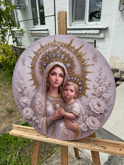 Додаткове фото круглої ікони Богородиця з Дитятком — Рожева корона