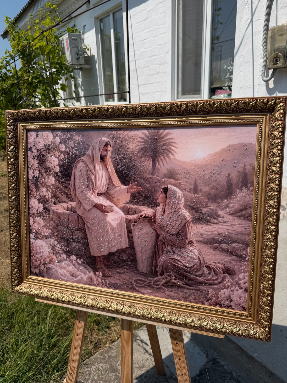 Religious painting CrystalPrintArt decorated with epoxy resin depicting Jesus and the Samaritan woman