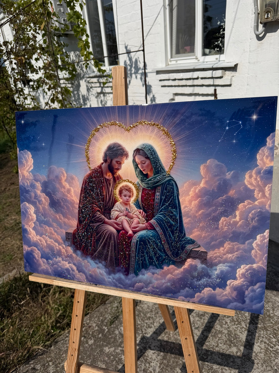 Свята Родина у рожевих та бузкових небесних хмарах із сяйвом у формі серця