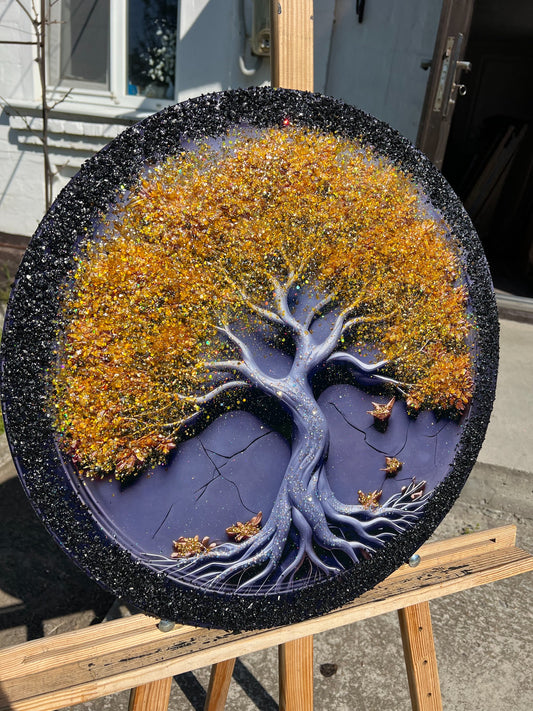 Round panel CrystalPrintArt with a golden tree on a dark background