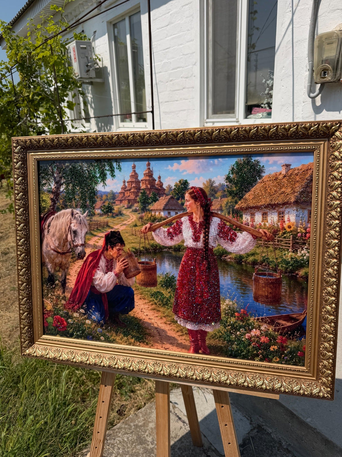 CrystalPrintArt picture decorated with epoxy resin with a Ukrainian village scene